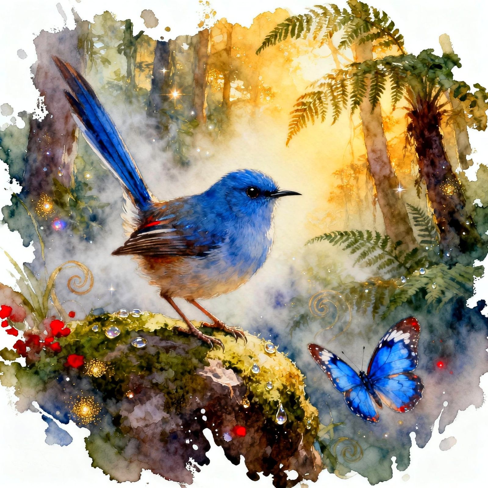 Blue Wren on Mossy Rock in Rainforest Dawn