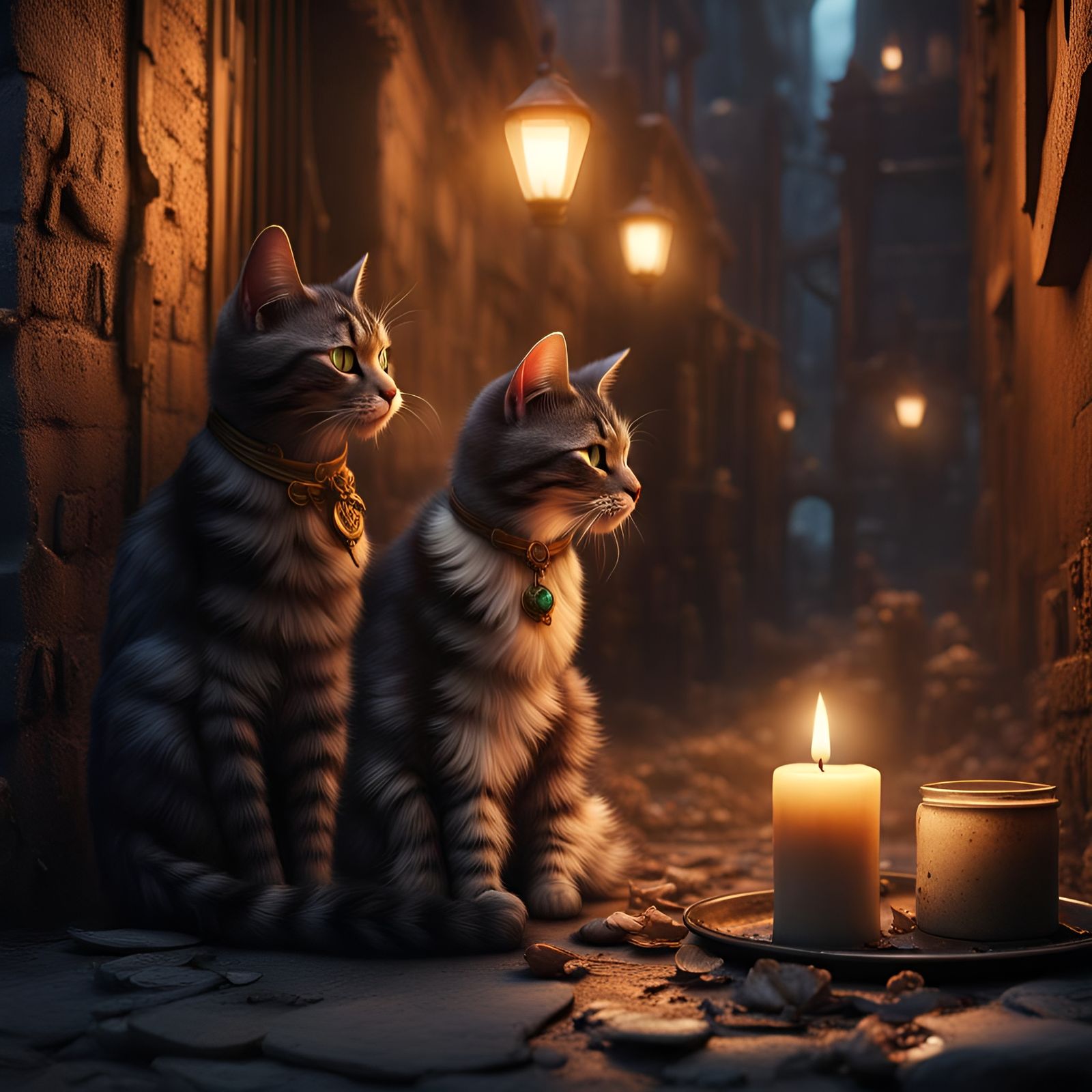 Cats' Wholesome Candlelit Dinner in Alleyway