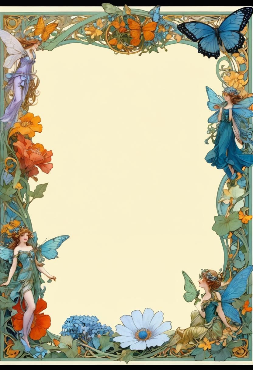 Art Nouveau Fairy with Blue Butterflies