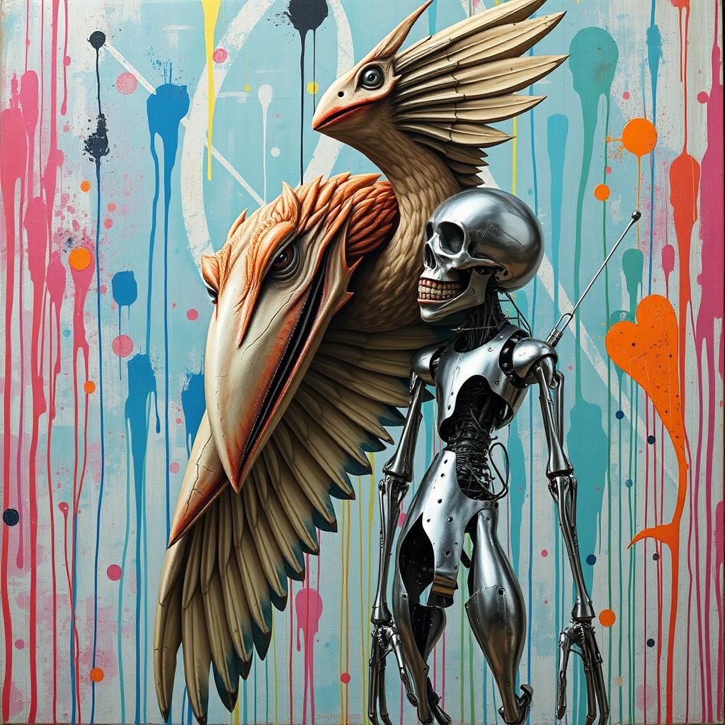 a surreal abstract distorted mixed media portrait of a distorted giant winged alien birds with humanoid faces, abstr...
