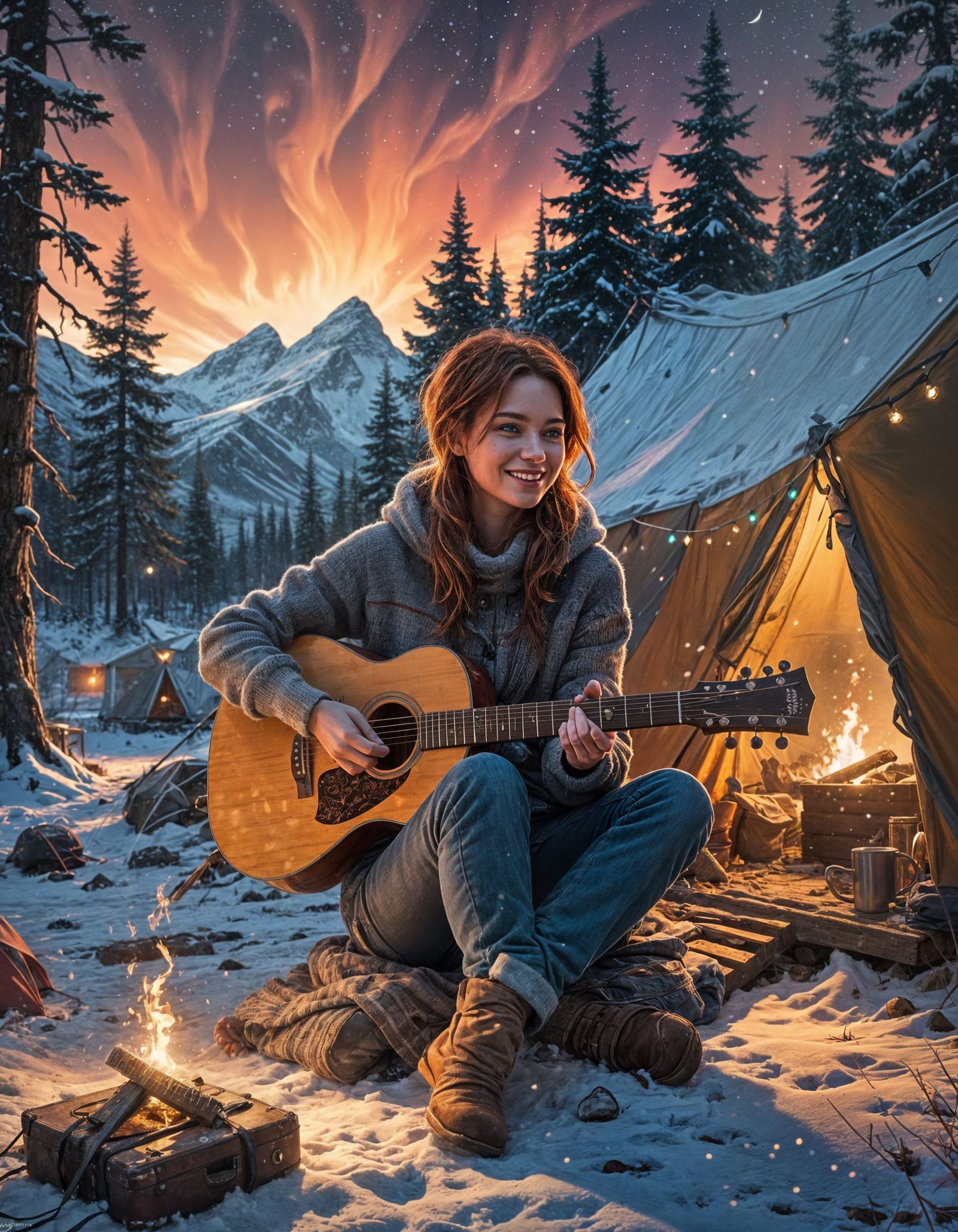 Smiling Winter Camper Plays Guitar Under the Northern Lights