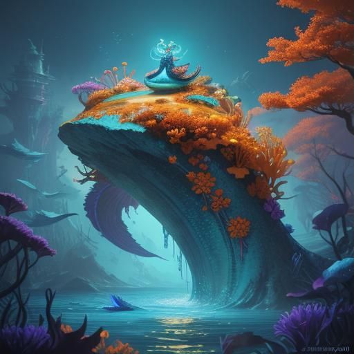 Peacock Mermaid in Miyazaki-Inspired Oil Painting