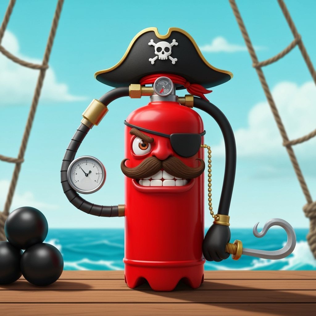 Cartoon Pirate Fire Extinguisher on Ship Deck