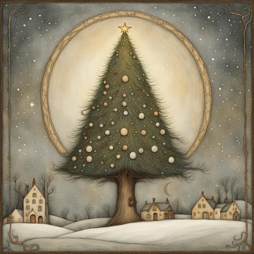 Christmas Tree in Fairy Tale Illustration Style