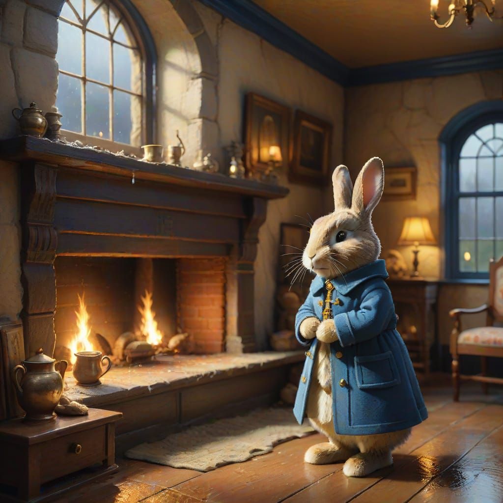 Fuzzy Bunny in Blue Overcoat, Beatrix Potter Style