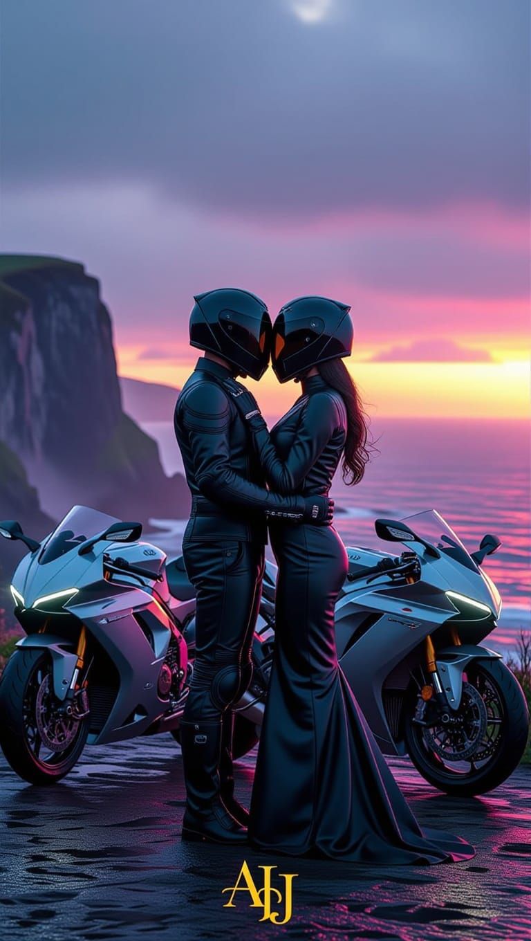 Ethereal Dark Fantasy Couple in Cyberpunk Landscape