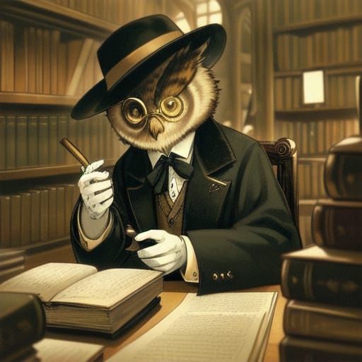 Wise Owl in Library: Cinematic Vintage Photograph