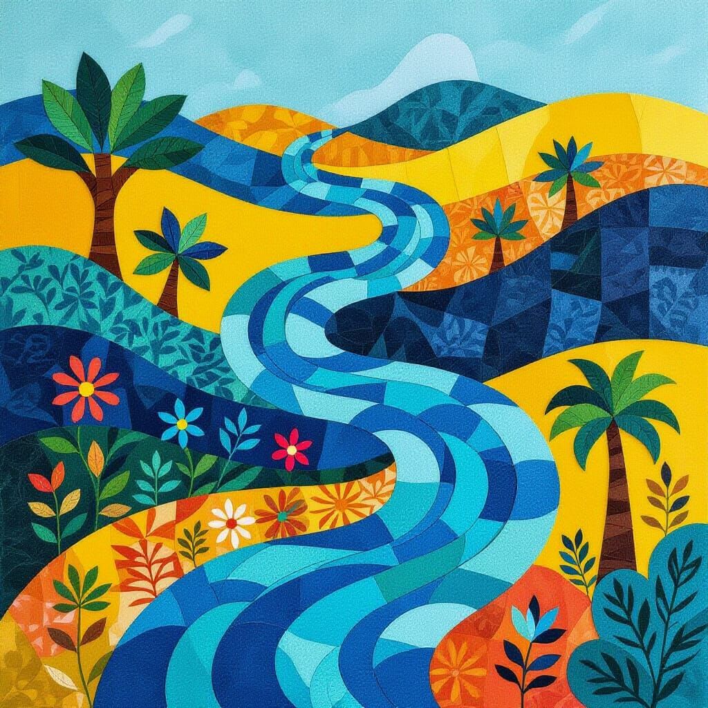 Vibrant Felt River Nile Landscape in Folk Art Style