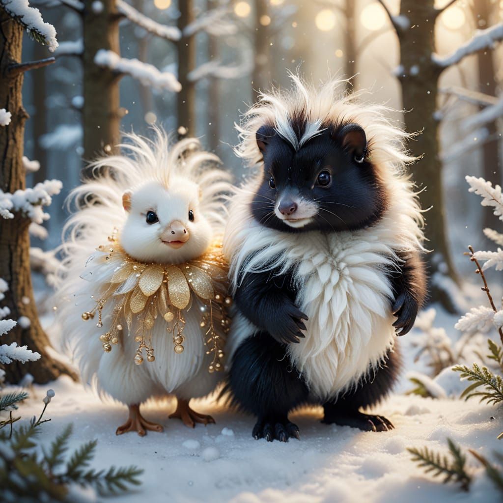 Whimsical Skunk and Duckling in Snowy Forest
