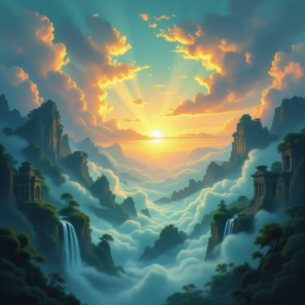 Mystical Sunrise Over Ancient Ruins