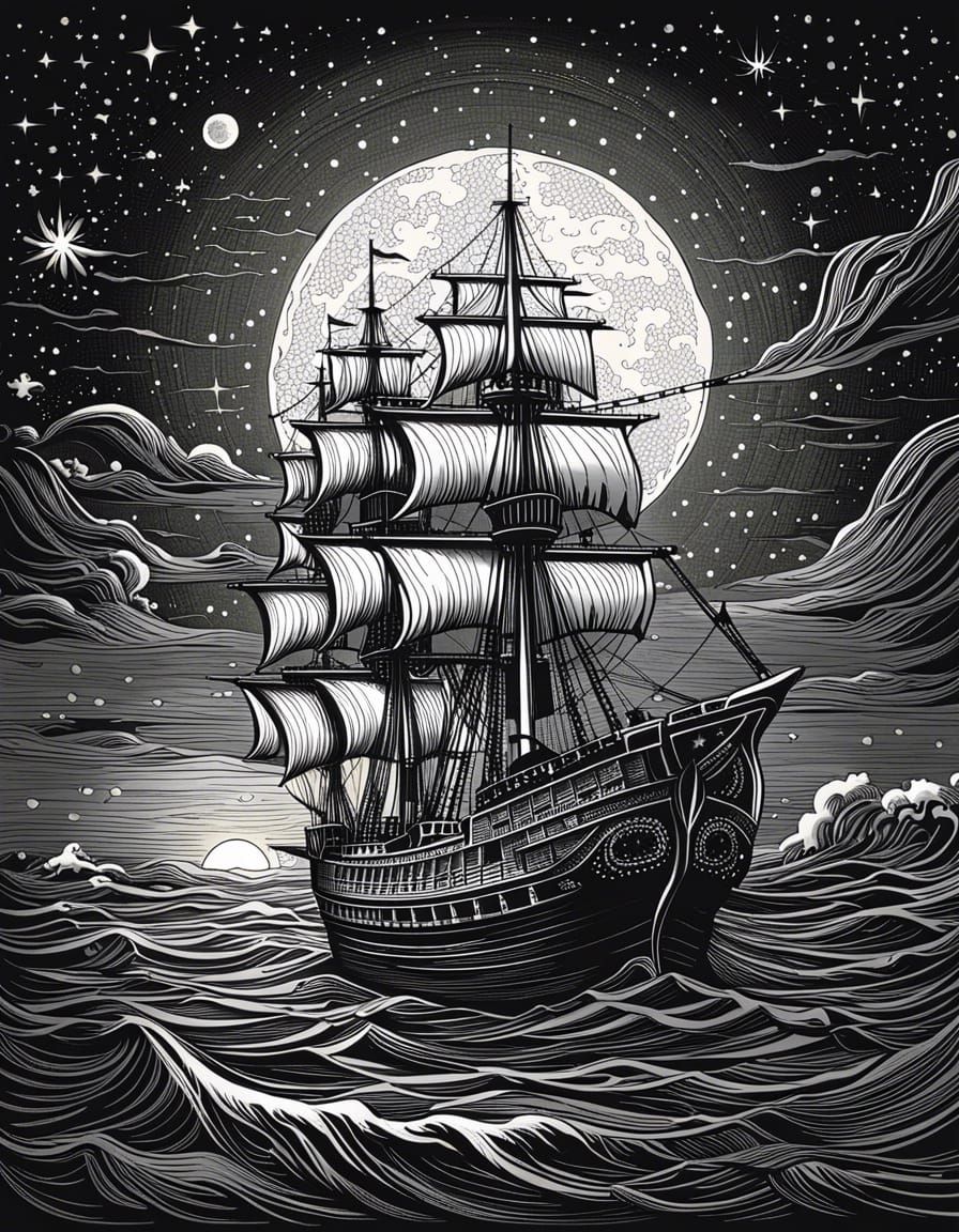 Fairytale Ship on Starry Sea: Line Art Illustration