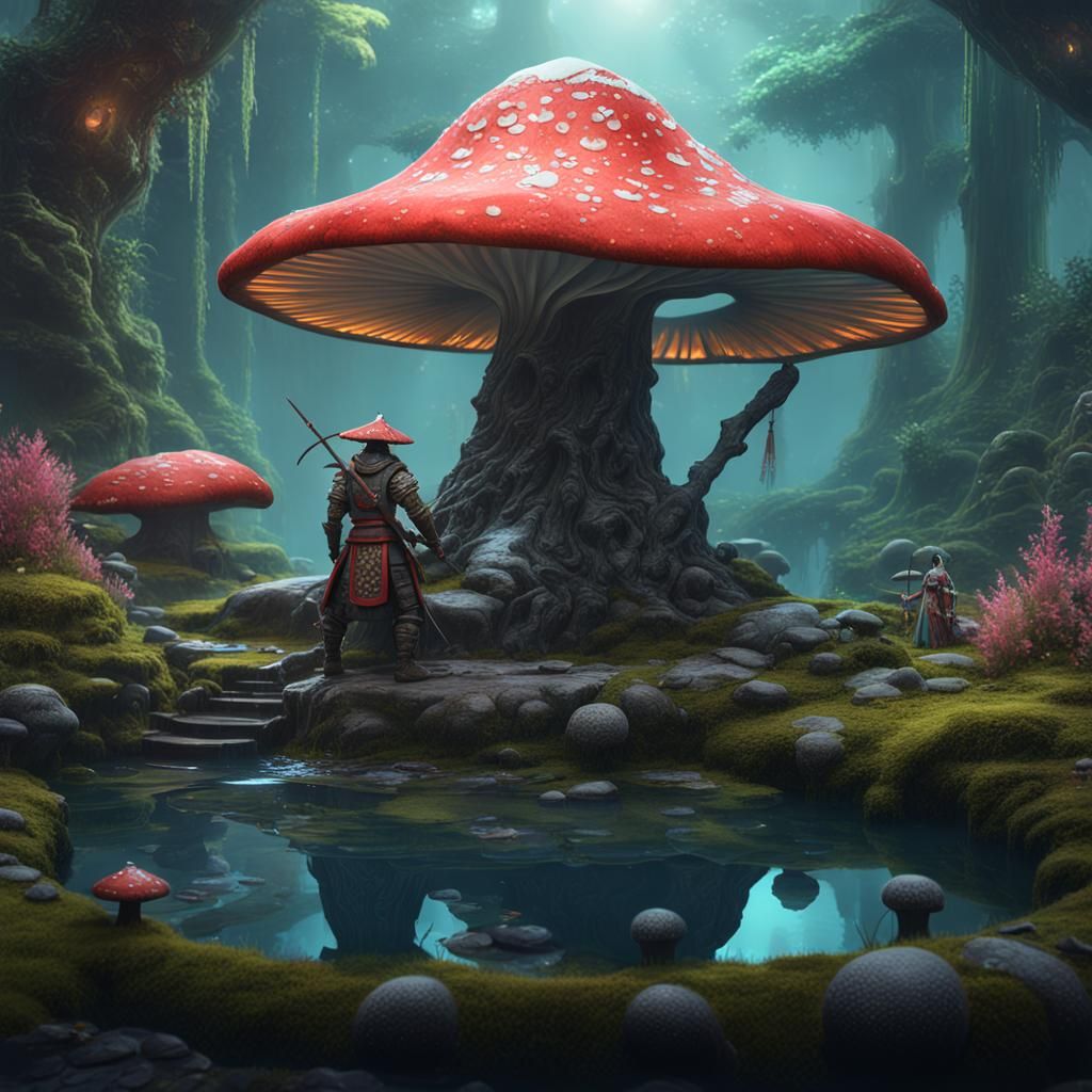 Mushroom Samurai Guarding Fairy Pool Art