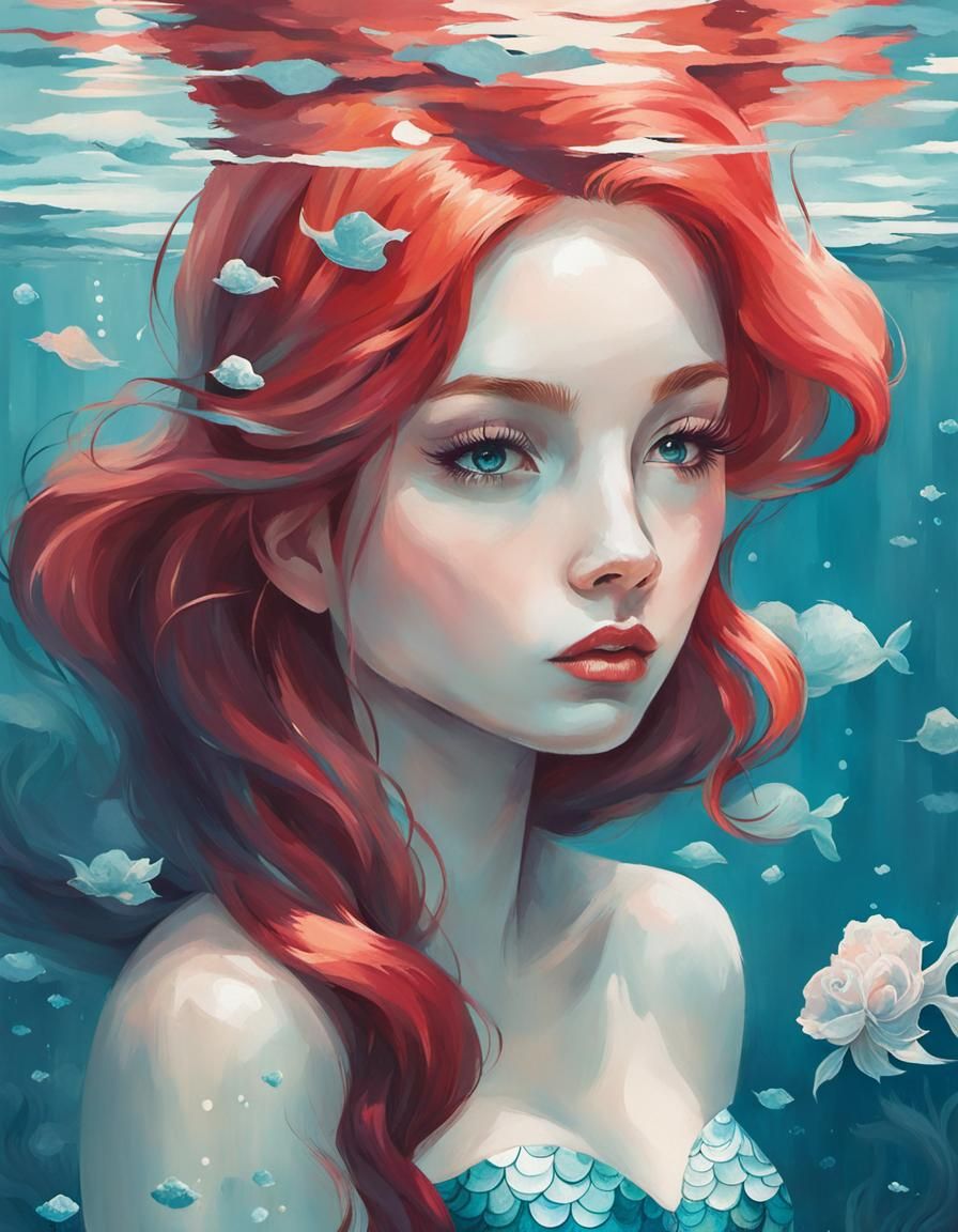 Adorable Mermaid Girl Reflected: Lo-fi Illustration