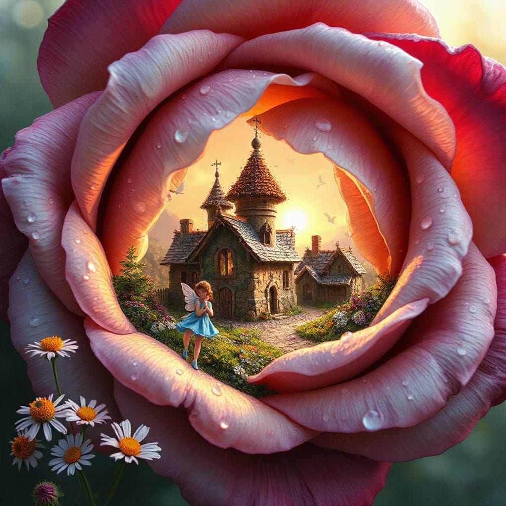 Miniature Fairy Village Inside Giant Rose, Gouache Impasto S...