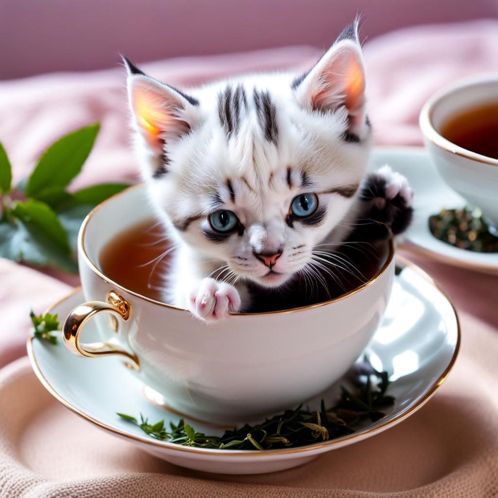 Kitten Bathing in Teacup of Tea