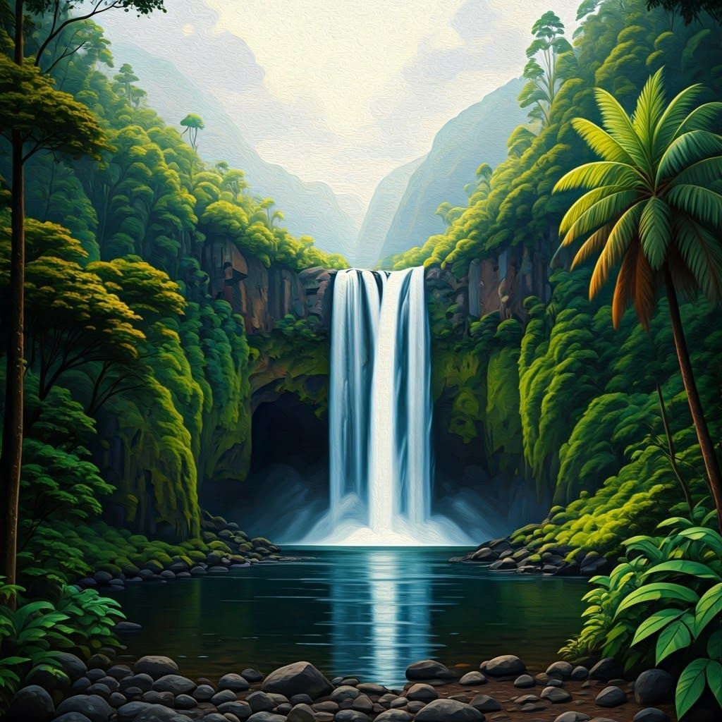 Romantic Waterfall Landscape on Tropical Island Réunion