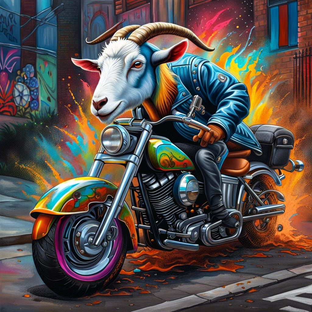 Goat on Harley Davidson in Graffiti Art