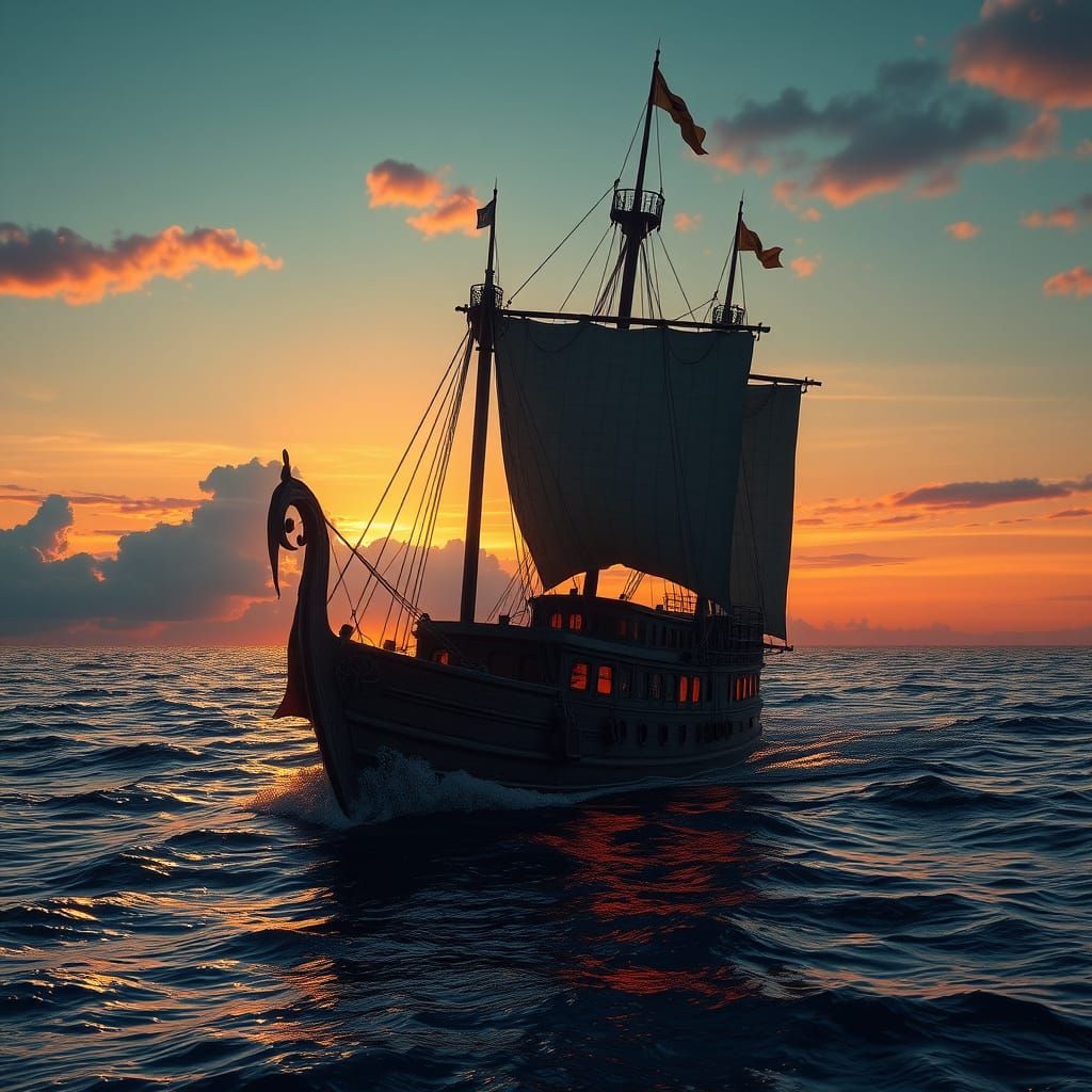 Fantastical Sunset Ship at Sea