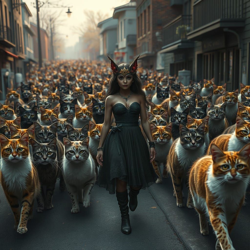 Whimsical Feline Parade in Dark Fantasy Style