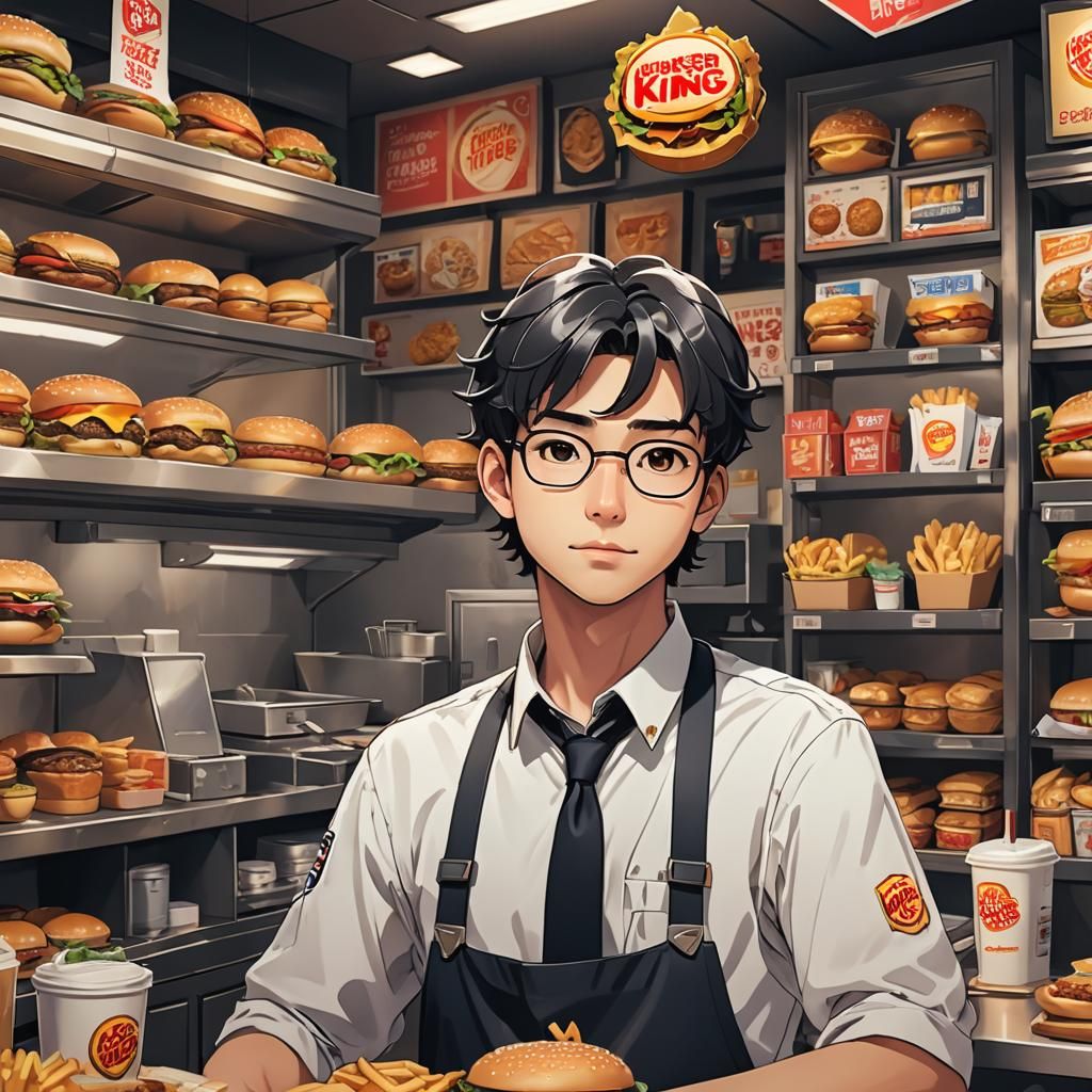 Cute Burger King Worker in Anime Style