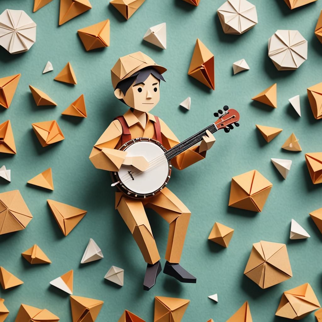 Origami Boy Plays Banjo in Papercraft Style