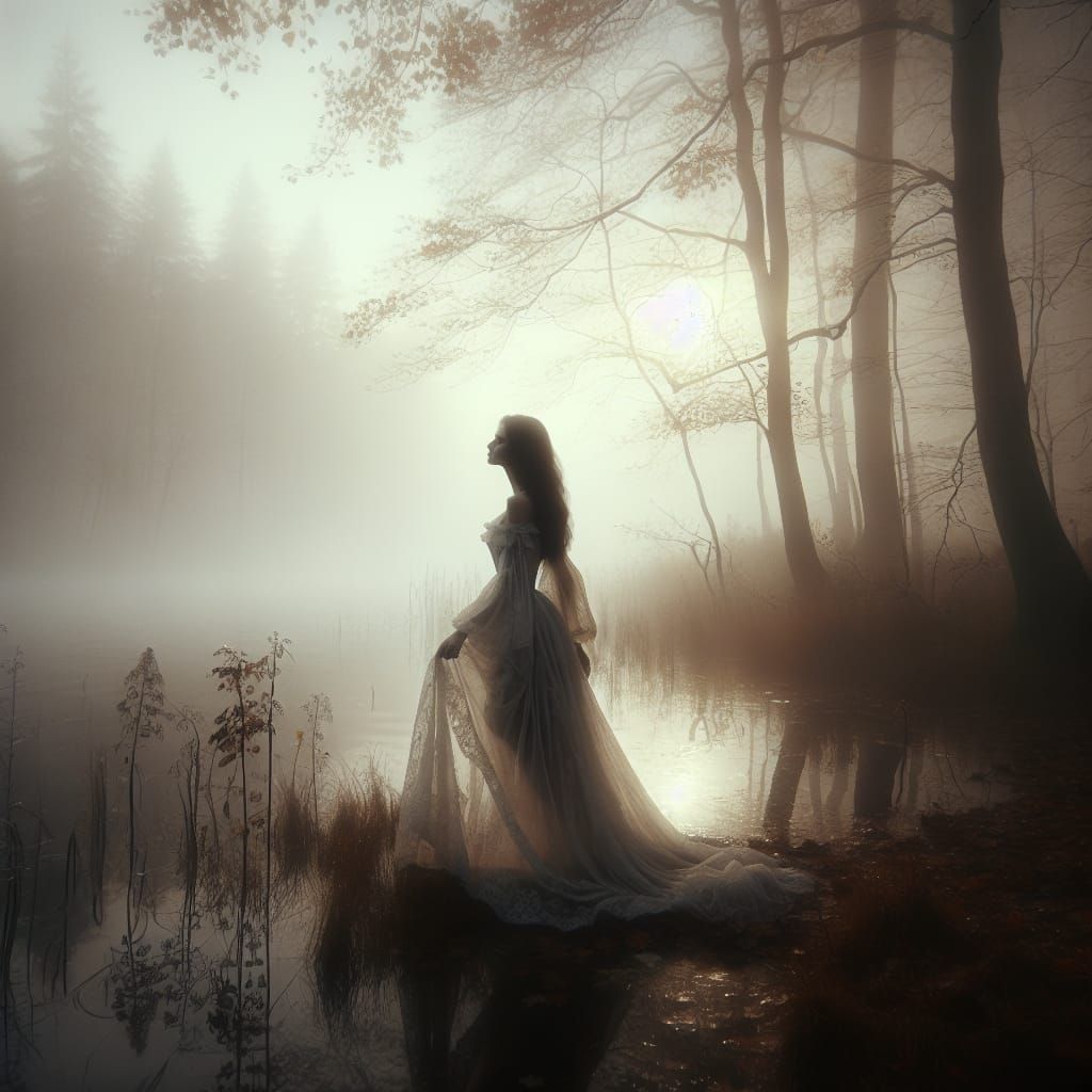Ethereal Woman in Morning Mist: A Victorian-Style Painting