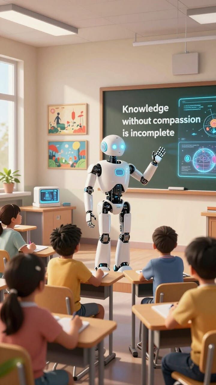 Wise AI Robot Teaches in Futuristic Sunlit Classroom
