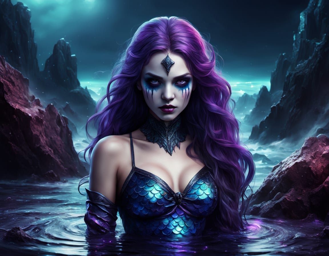 evil mermaid with latex body sitting on the rock on the sea