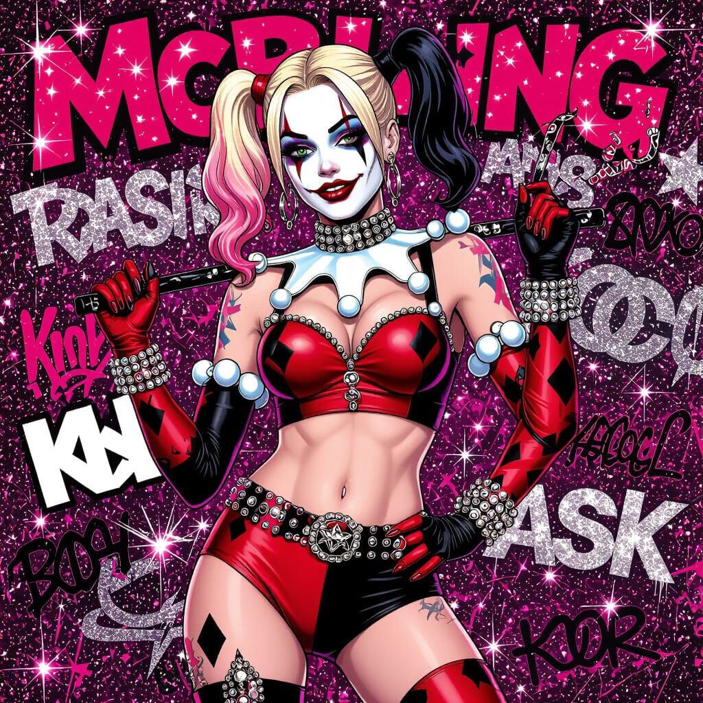 Harley Quinn Mcbling Y2K Illustration with Glitter and Neon