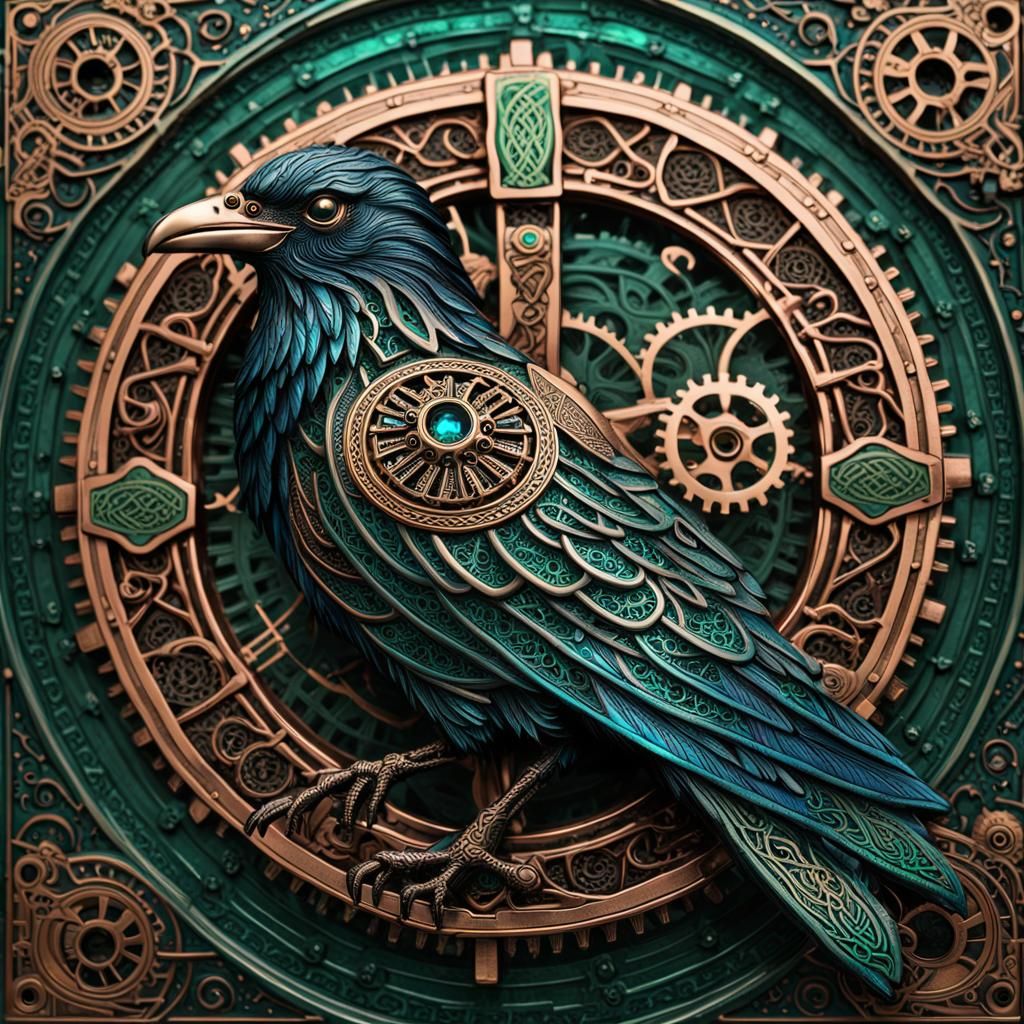 Steampunk Clockwork Raven with Celtic Knots