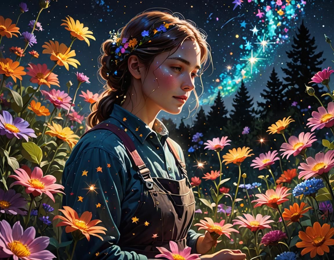 Celestial Gardener Tending to Glowing Stars at Night