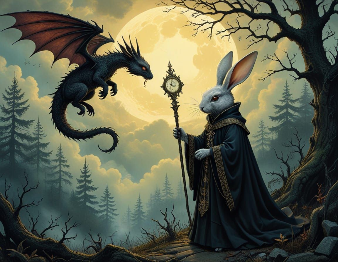 Dark Fantasy Rabbit Summons Dragon in Enchanted Forest