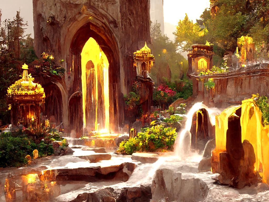 Golden Castle and Mystical Gardens in Golden Light