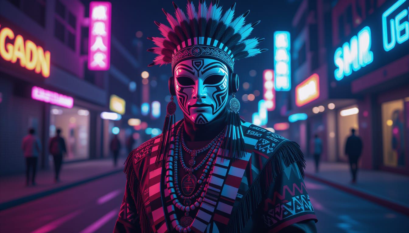 Tribal Adventurer with Futuristic Gear in Neon Night