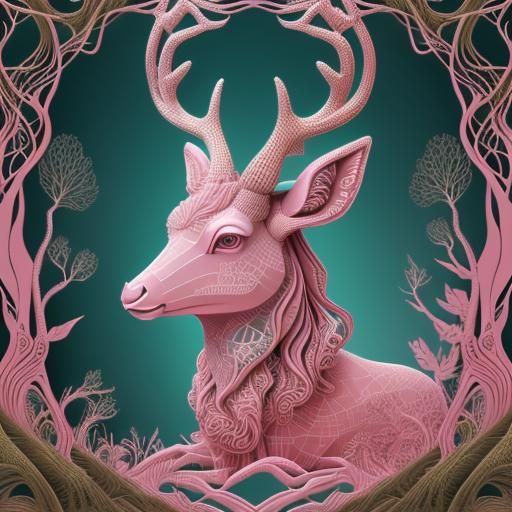 Pink Deer with Golden Horns in Magical Forest