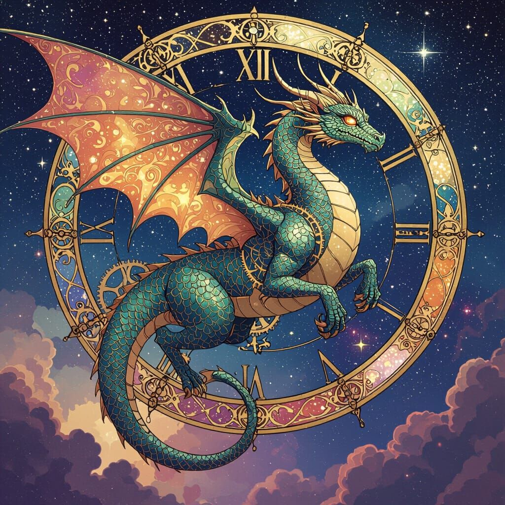 Celestial Clockwork Dragon Soaring Through Nebula Sky