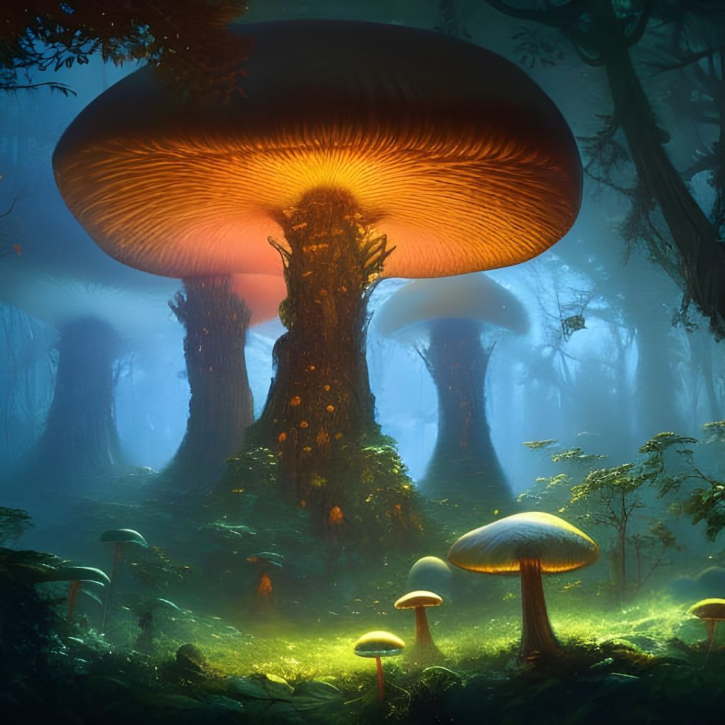Luminescent Giant Mushroom in Hyperdetailed Jungle