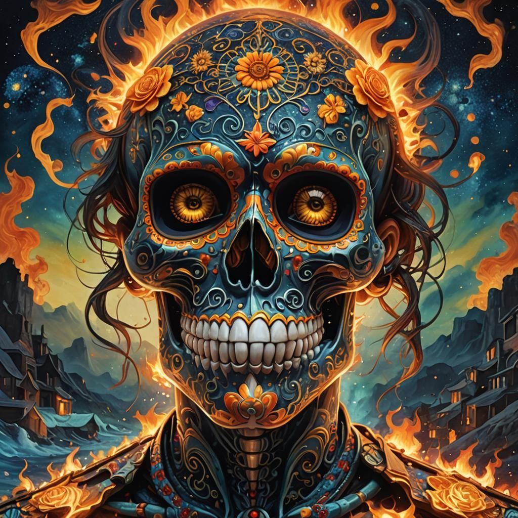 Flaming Sugar Skull Spongebob Fantasy Illustration