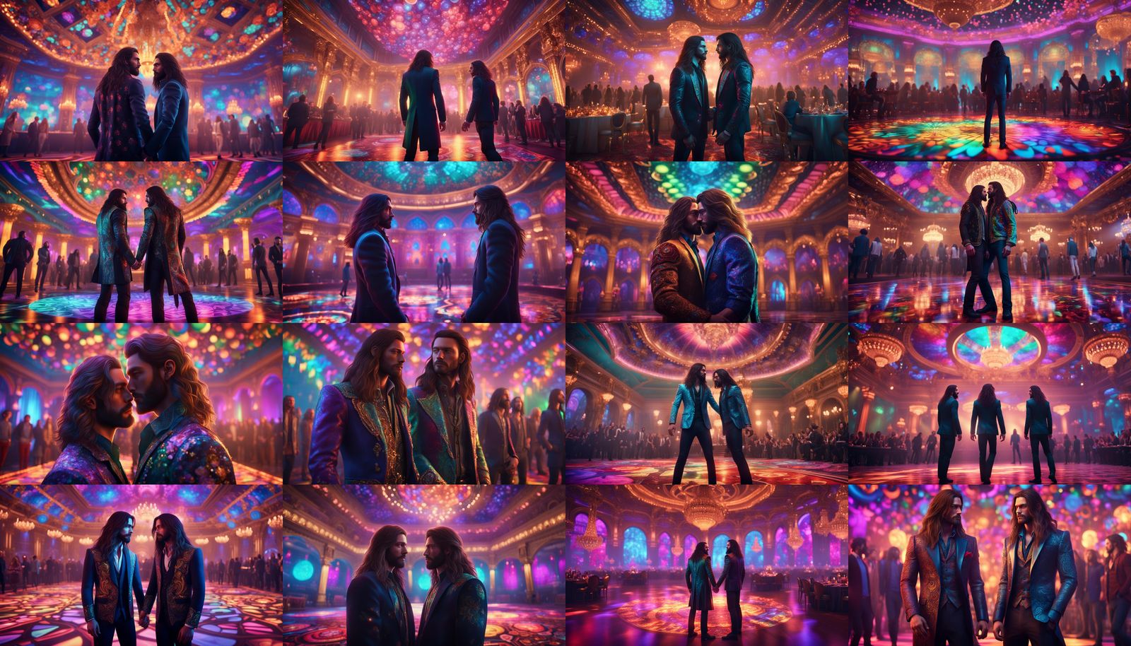 Gay Men Embrace in Psychedelic Ballroom, 3D Render