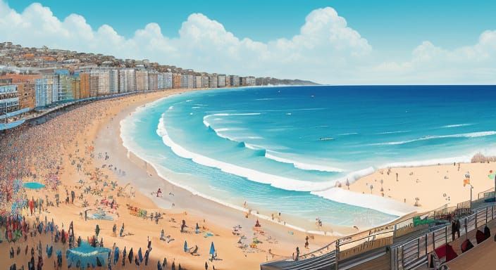 Vibrant Beach Scene with Surfers and Sun-Kissed Beachgoers