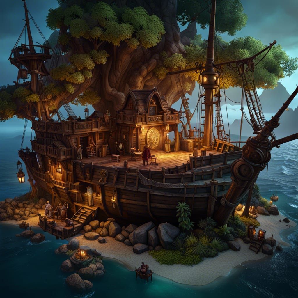 Elegant Watercolor Pirate Island Concept Art