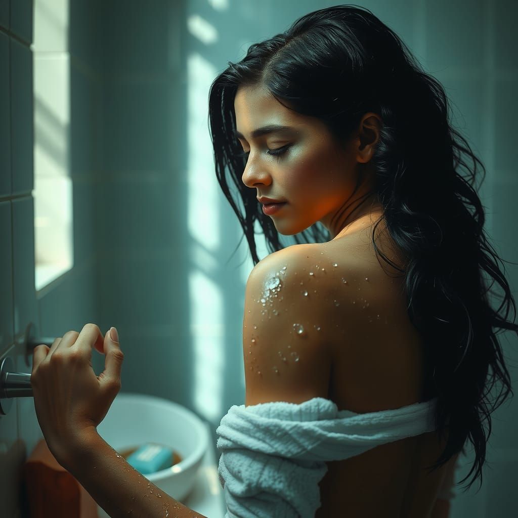 Glistening Skin in Aqua Bathroom: Hyperrealistic Digital Art