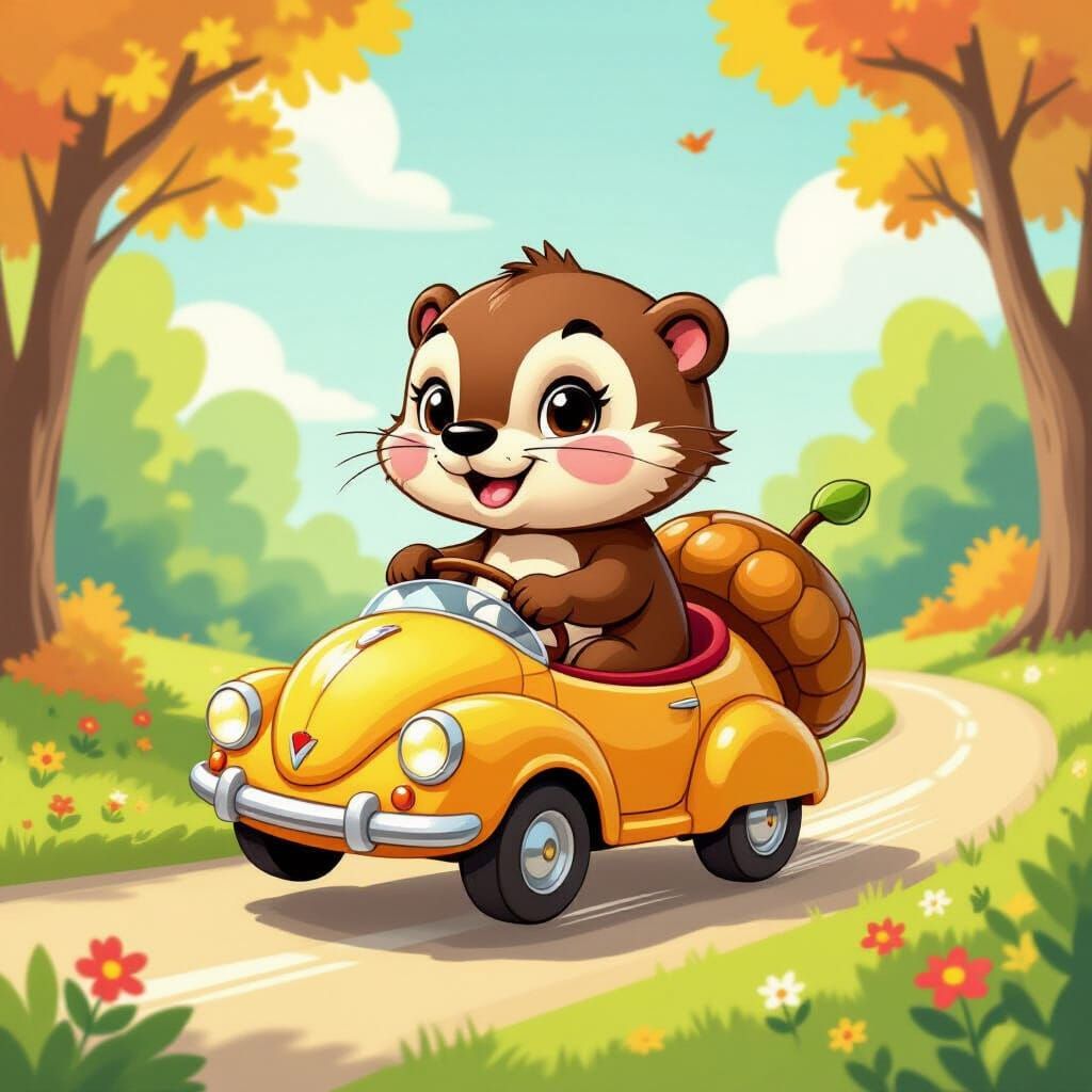 Airbrushed Otter in Acorn Car Cartoon