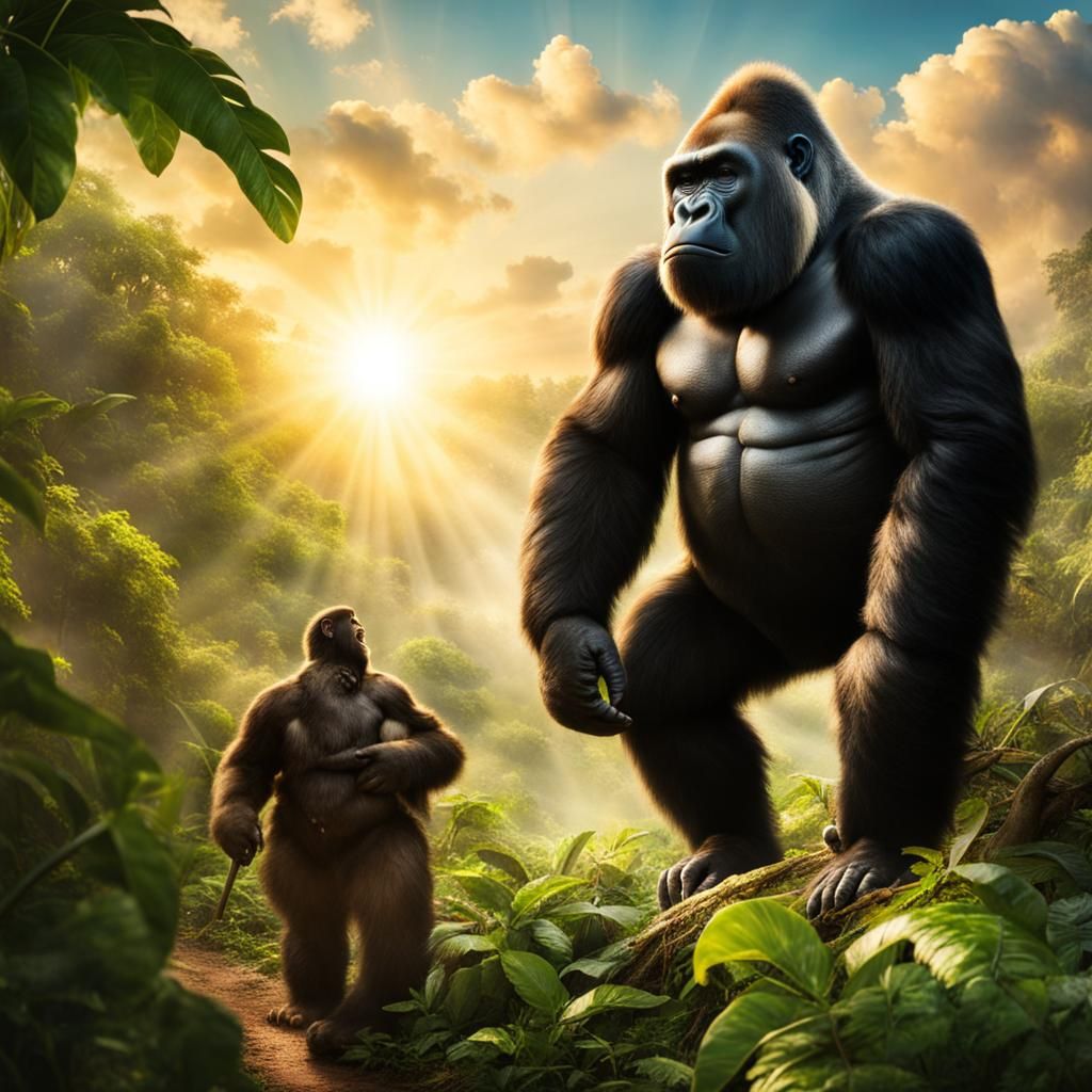Man Approaches Gorilla in Divine Sunshine