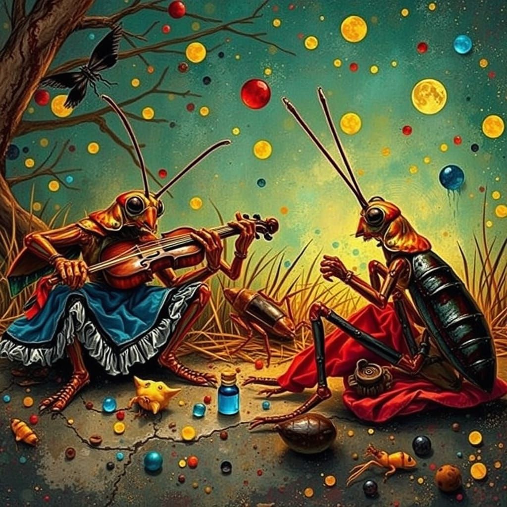 Whimsical Insect Fiddlers in Vibrant Pixel Art