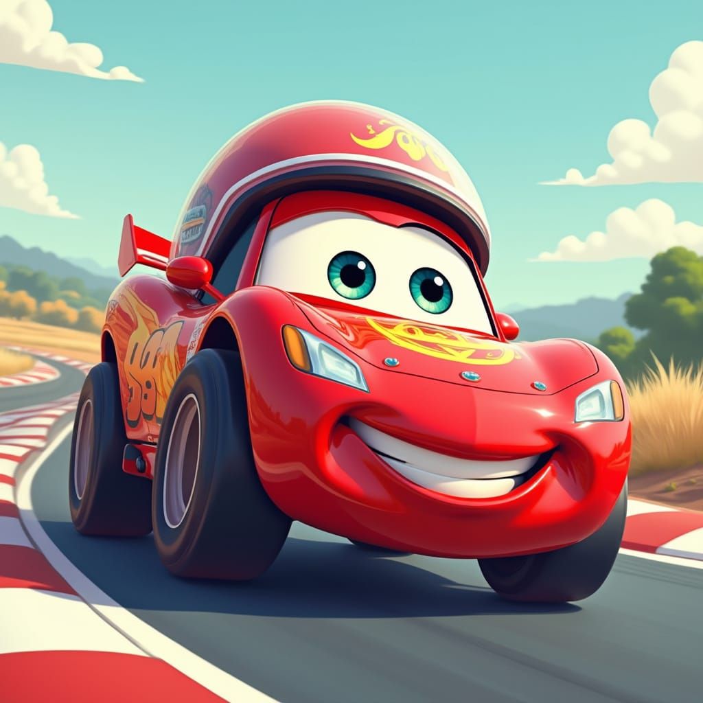 Cartoon Race Car with Smiling Face on Racetrack