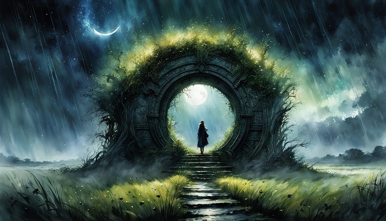 Moonlit Portal: Watercolor Ink Fantasy Art