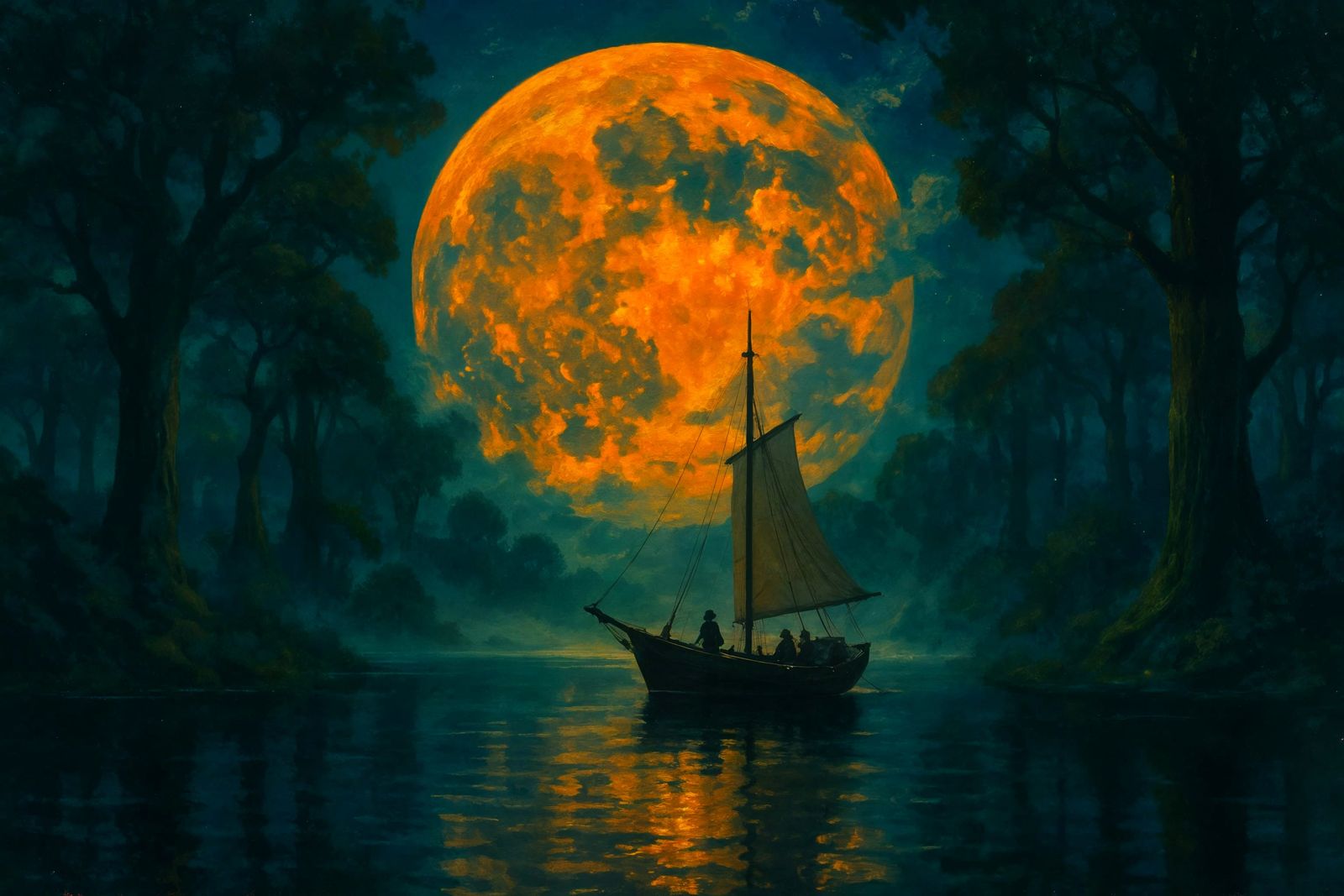 Golden Moon Reflects on Mosswood Lake in Impressionistic Sty...