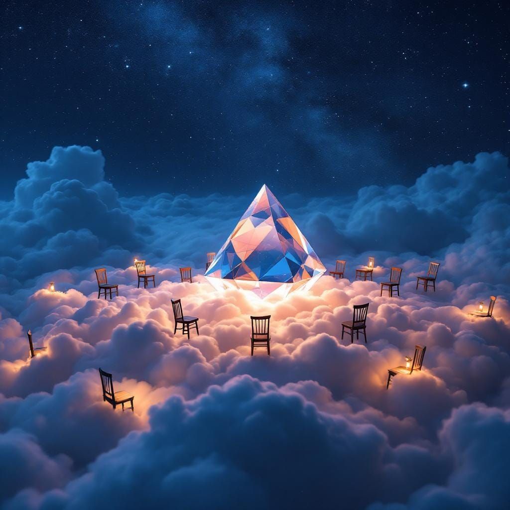 Surreal Night Sky with Glowing Tetrahedron and Chairs
