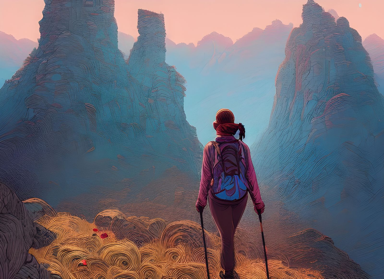 Woman Hiking in Mountains: Digital Concept Art